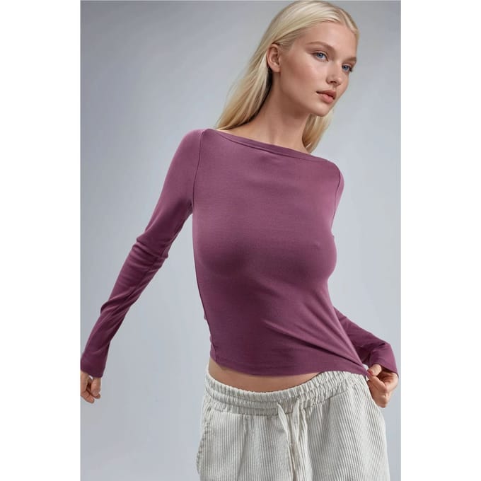 Slim Fit Geribbelde Boot Hals Blouse