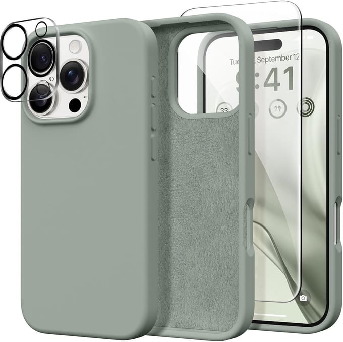 Solid hoesje Soft Touch Liquid Silicone Flexible TPU Rubber + Screenprotector - Camera Lens - Geschikt voor: iPhone 16 Pro Max - Middernachtgroen