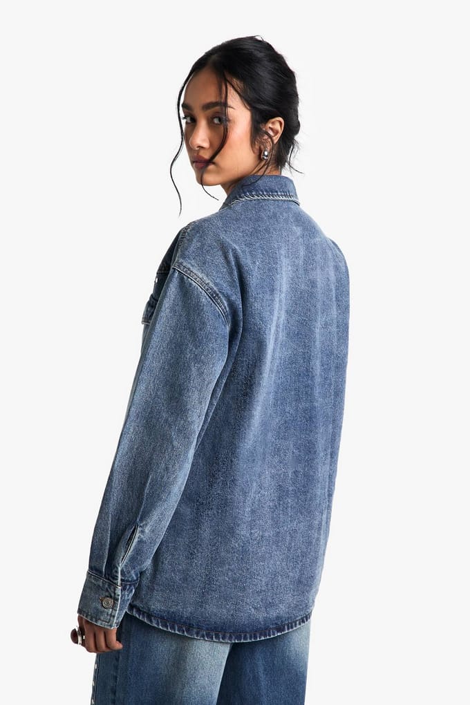 boohoo Dames Studded Western Denim Shirt | Mid Blue | Maat: 16