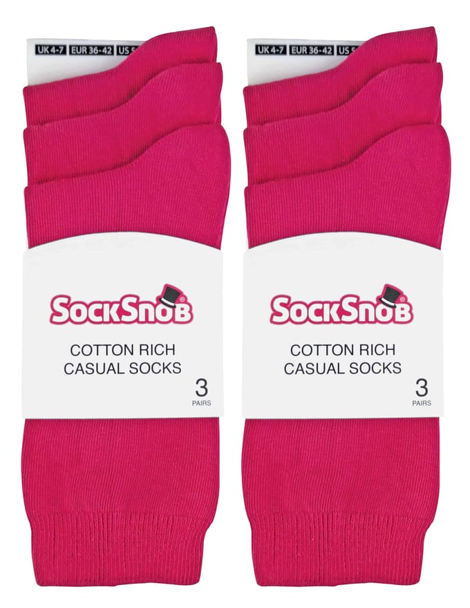 Set van 6 effen, casual katoenen damessokken - PL30 Deep Fuchsia