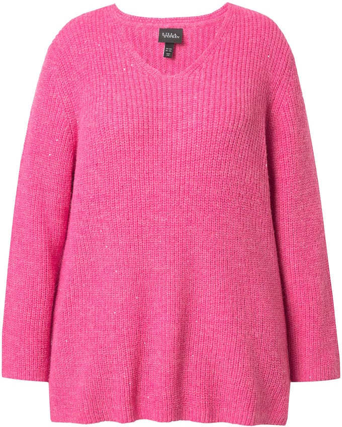 Ulla Popken - Dames - Trui geribbeld breisel pailletten V-hals lange mouw - Roze - Maat 42+
