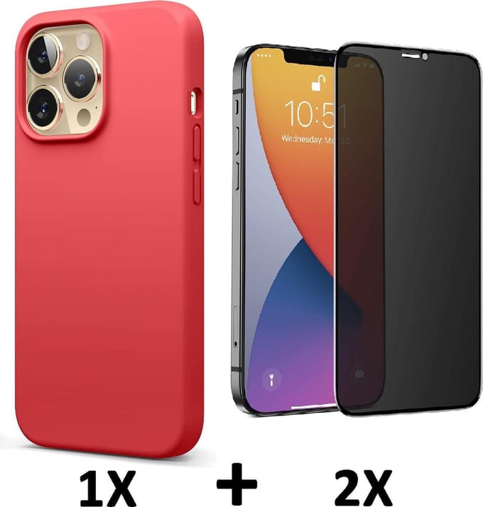 HB Hoesje Geschikt voor Apple iPhone 13 Pro - Rood / 2X Privacy Glazen Screenprotector - Siliconen Back Cover