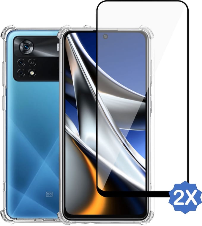 Geschikt voor Xiaomi Poco X4 Pro 5G Hoesje + 2x Screenprotector – Full Cover Gehard Glas + Shock Proof Case – Transparant