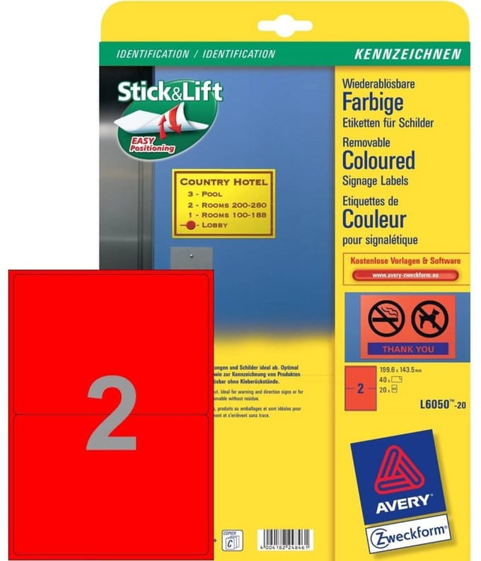 Verwijderbare etiketten 199,6x143,5mm rood 40 stuks