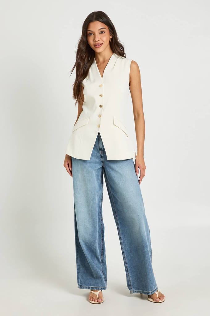 boohoo Dames Goudkleurig Geknopt Lang Getailleerd Gilet | Ecru | Maat: 36