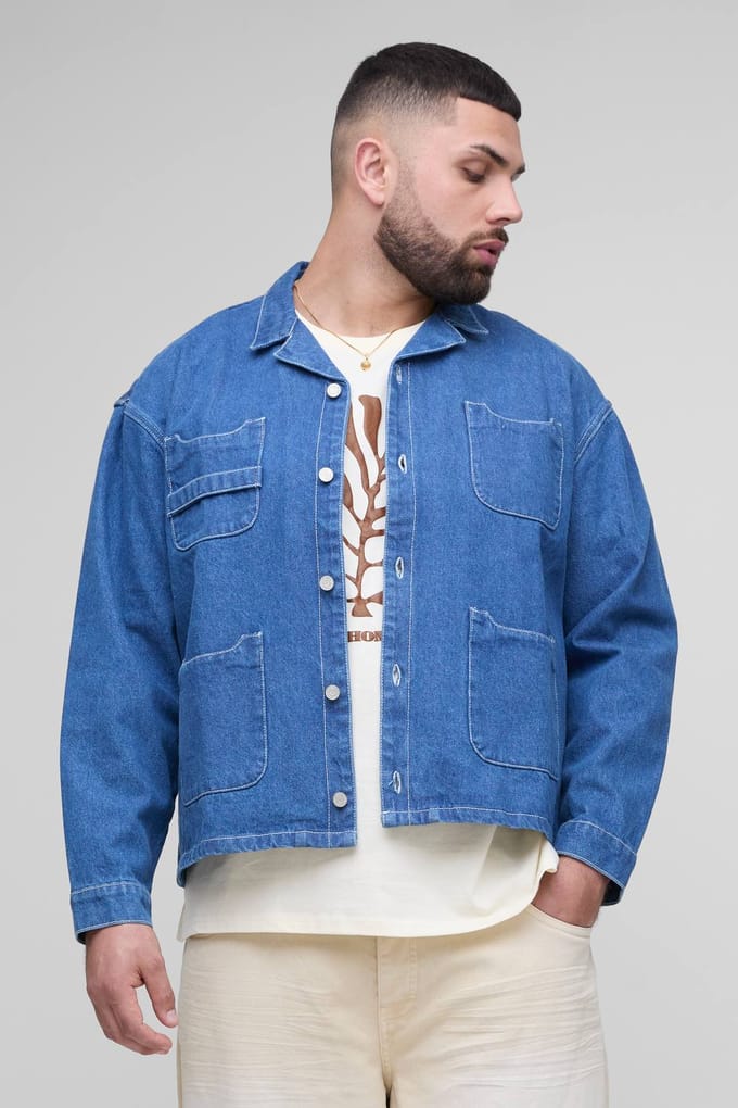 Plus oversized boxy Carpenter Pocket denim overhemd | Mid Blue | Size 3XL