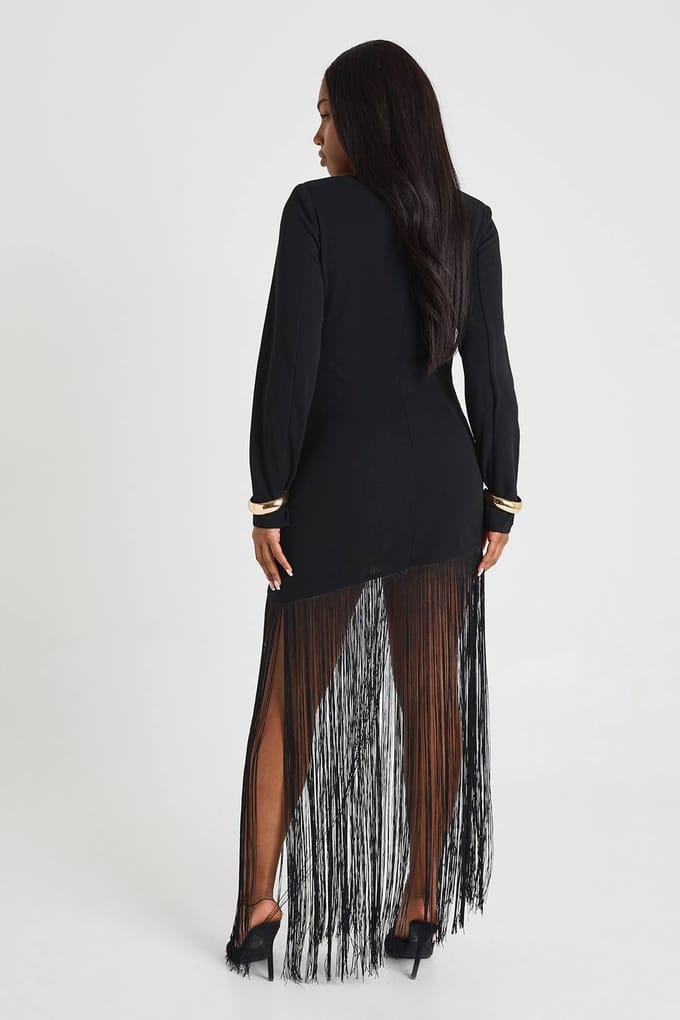 boohoo Dames MINI-JURK MET SCHOUDELVULLING EN FRANJES | Zwart | Maat: 36