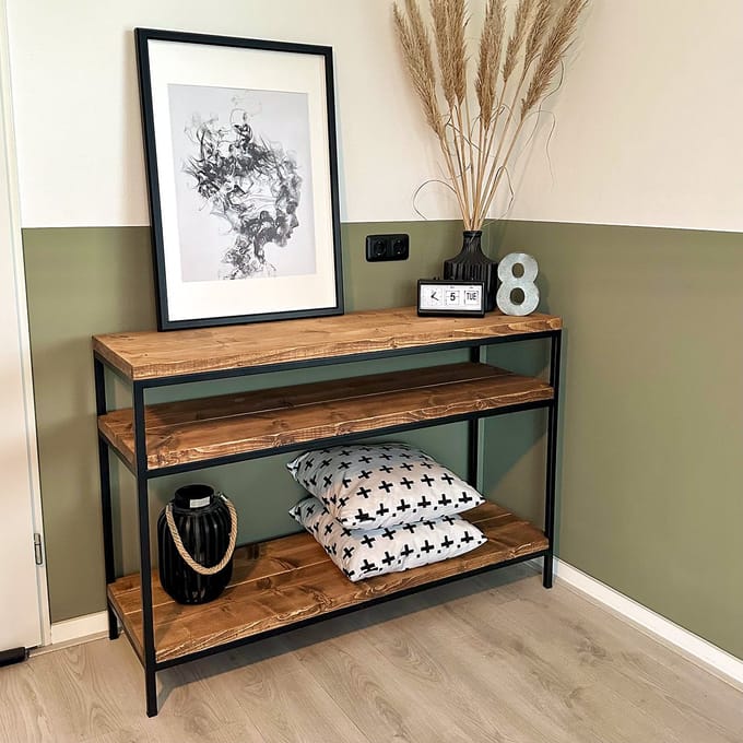 Lasco Sidetable en Wandtafel – 3 Legplanken – Hout en Staal – 140 × 35 × 80 cm – Wibema