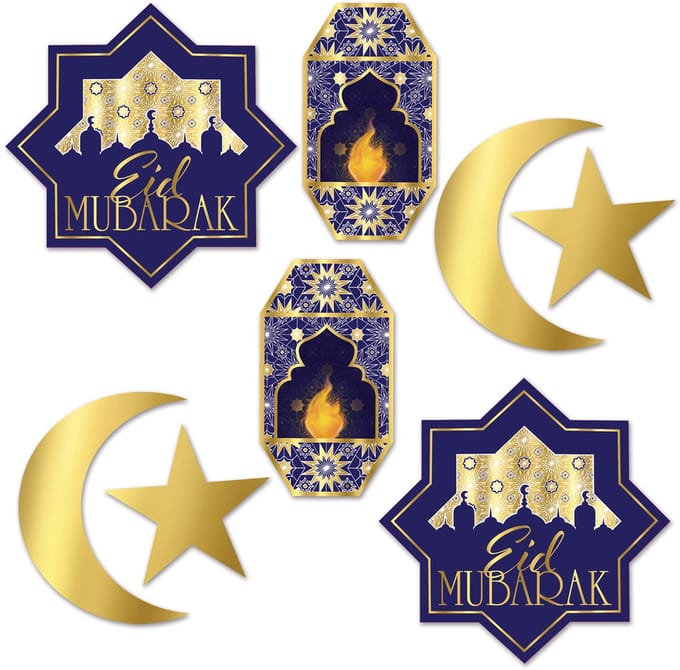 360 DEGREES - 8 blauwe en gouden Eid Mubarak kartonnen decoraties, manen en lantaarns
