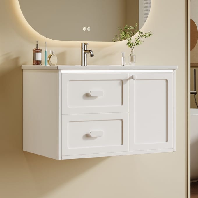 MODENUIT Badkamermeubel - Wandgemonteerd Met Sensor LED, 2 Laden En Wastafel - Keramiek En MDF - Wit - 76x46x51cm