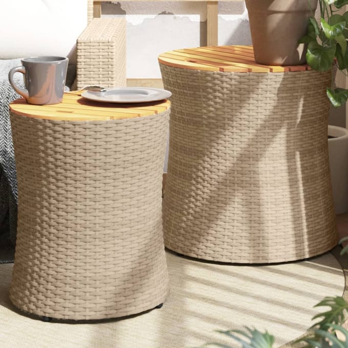 vidaXL - Tuinbijzettafels - 2 - st - met - houten - blad - poly - rattan - beige