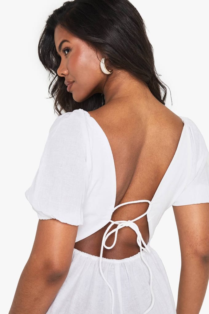 boohoo Dames Linnen Playsuit met Bindrug en Pofmouwen | Wit | Maat: 42