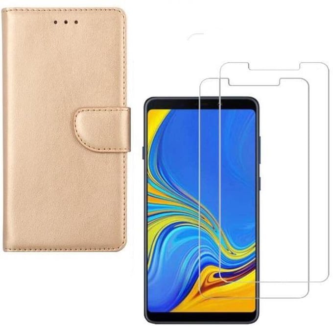 hoesje Geschikt voor: Samsung Galaxy A9 2018 Portemonnee Goud met 2 stuks Glas Screen protector