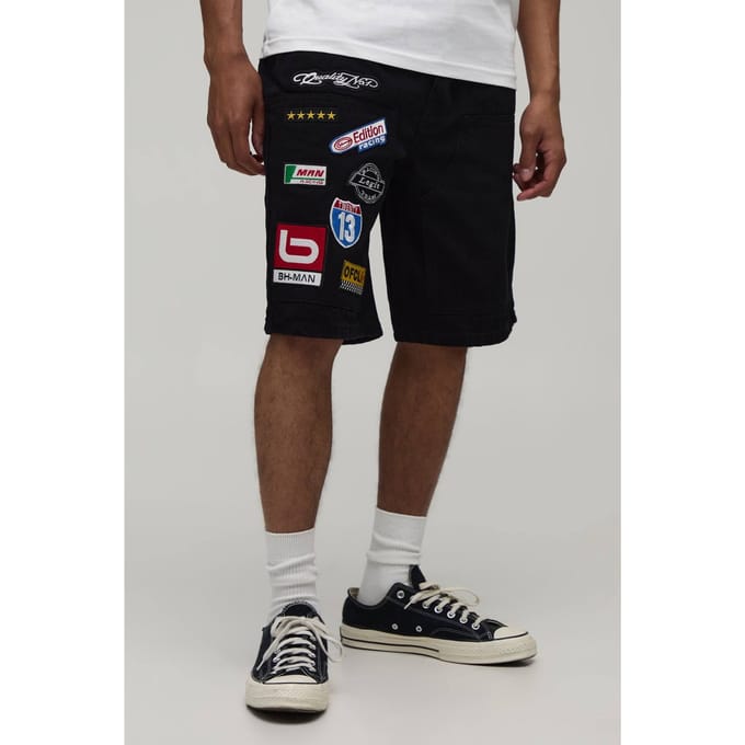 Denim Carpenter Shorts Met Meerdere Badges | True Black | Size 40R