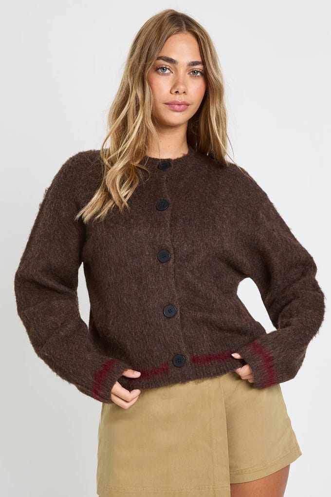 boohoo Dames Contrastzoomdetail, hoge hals gebreide cardigan | Chocoladebruin | Maat: Medium