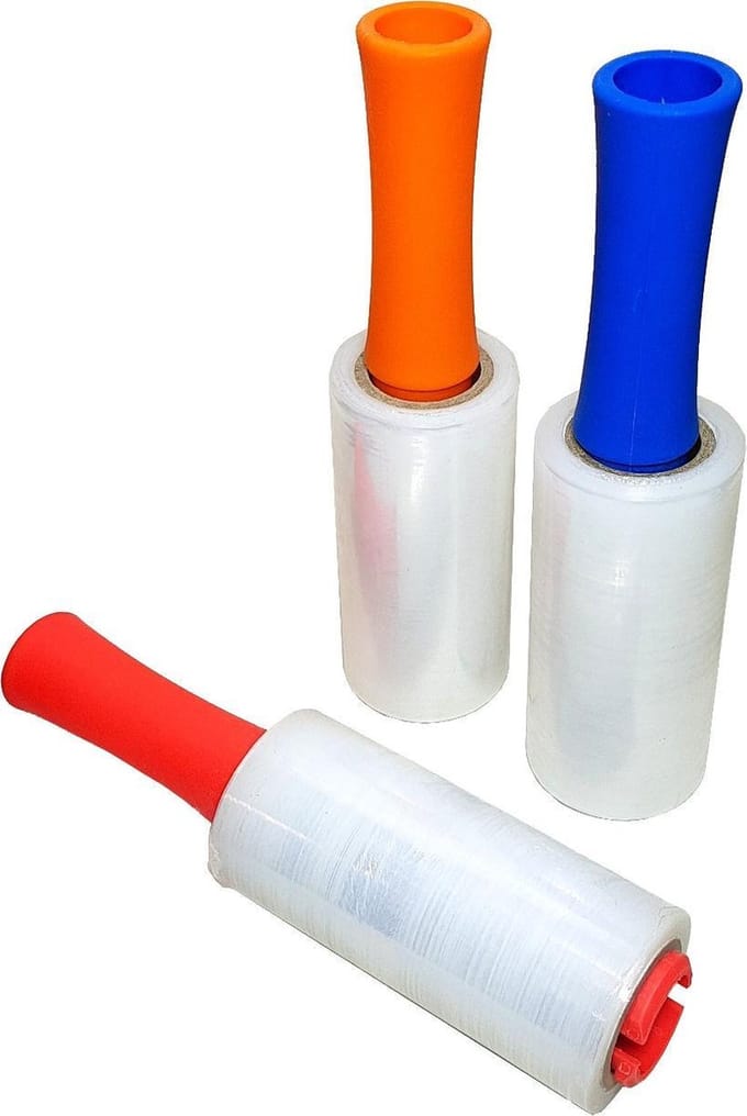 3X Stretchfolie wikkelfolie met handvat afroller 750cm x 14cm transparant
