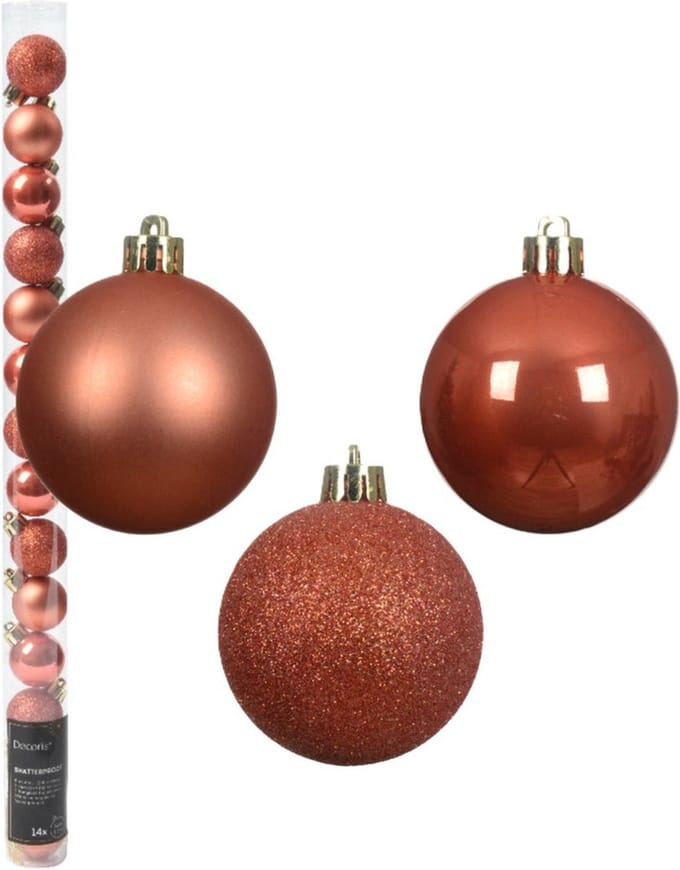 Decoris Mini kerstballen - 14x st - pompoen oranje - D3 cm - kunststof - kerstversiering