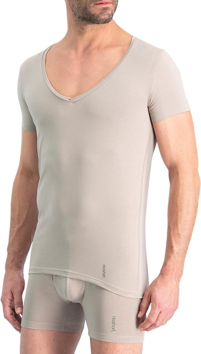 Noshirt Short Sleeve - Original Cotton - Heren Ondershirt - Deep V - Invisible Khaki - Maat S