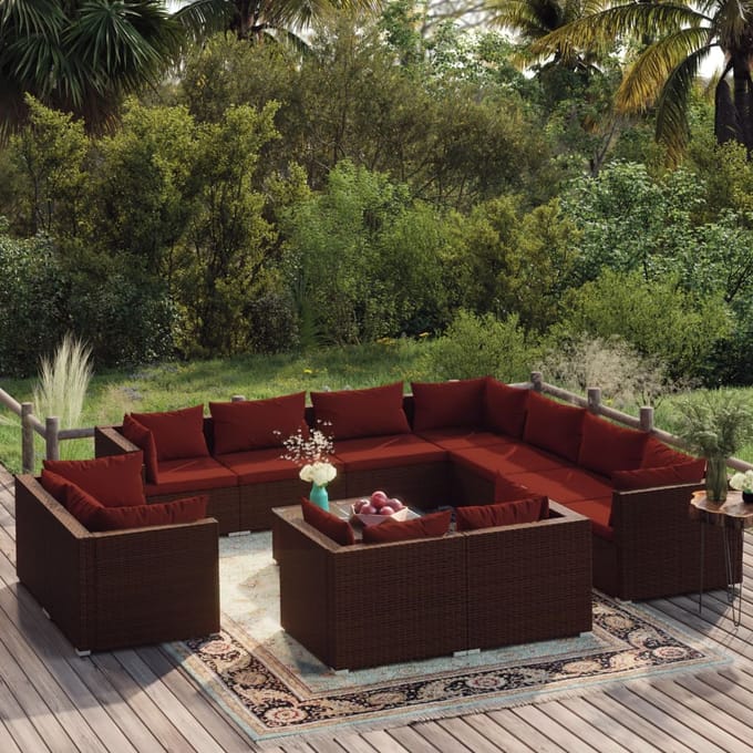 vidaXL - 12-delige - Loungeset - met - kussens - poly - rattan - bruin