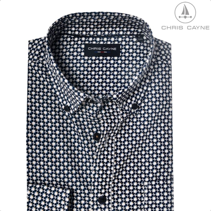 Chris Cayne overhemd lange mouw - M - navy/blauw print - borstzak