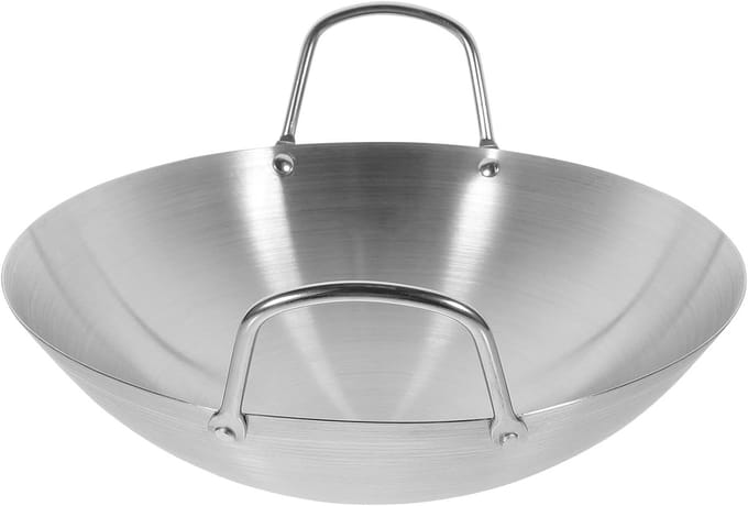 Rvs Wok - Braadpan Keukengerei - Huishoudelijk Gebruik - Dubbele Handgreep - 26cm Rond - Zilver