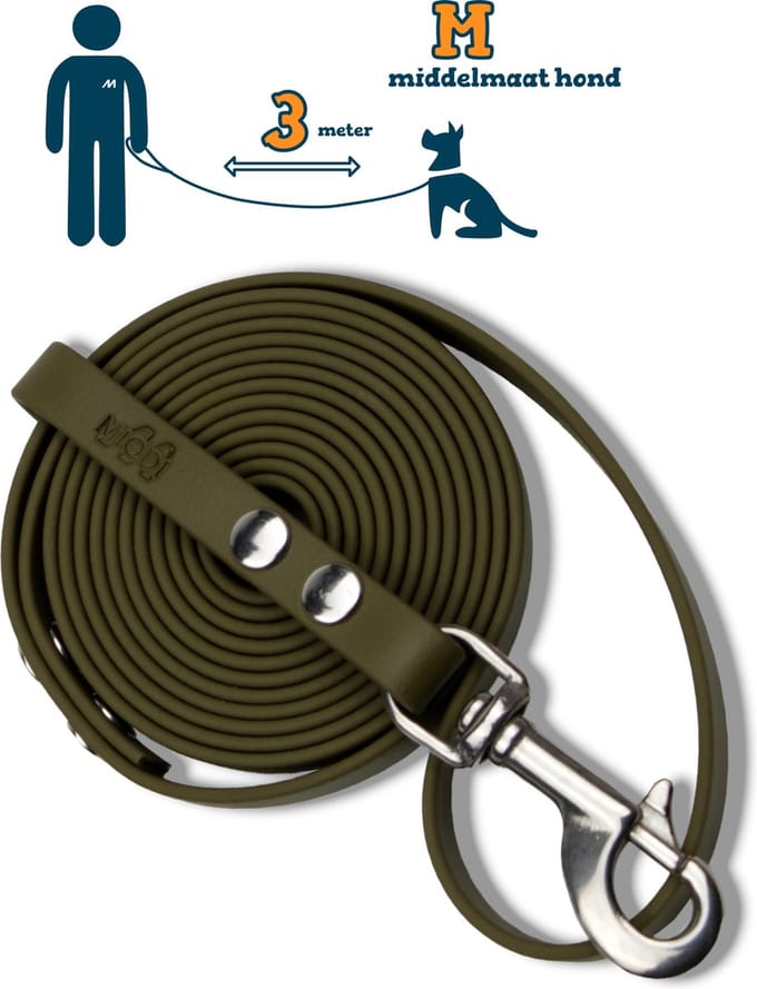 Miqdi hondenriem - BioThane® – olijfgroen – 3 meter lang – 13mm breed – M – middelmaat hond