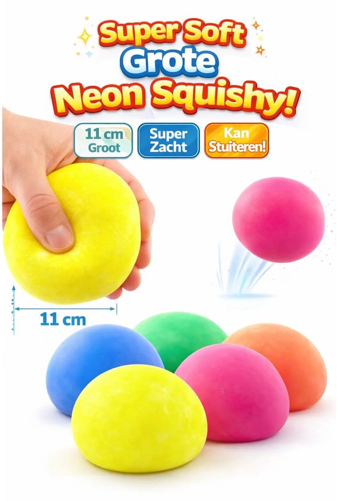 Neon Squishy stressbal 11 cm - 1 exemplaar - Stretch - Knijp - Stuiterbal - Kinderen - Fidget