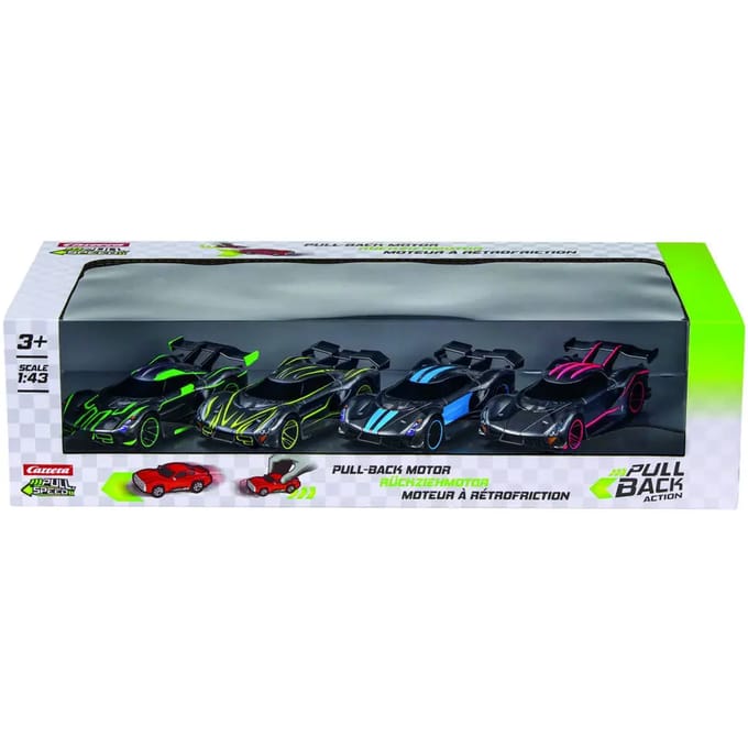 Carrera Speelgoedvoertuig - Pull and Speed - Hyper Sportautos - Pull Back Auto - Terugtrekauto - 1:43 - 4 Stuks