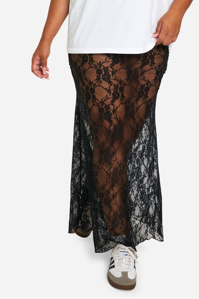 boohoo Dames Plus Lace Maxi Column Skirt | Black | Maat: 28