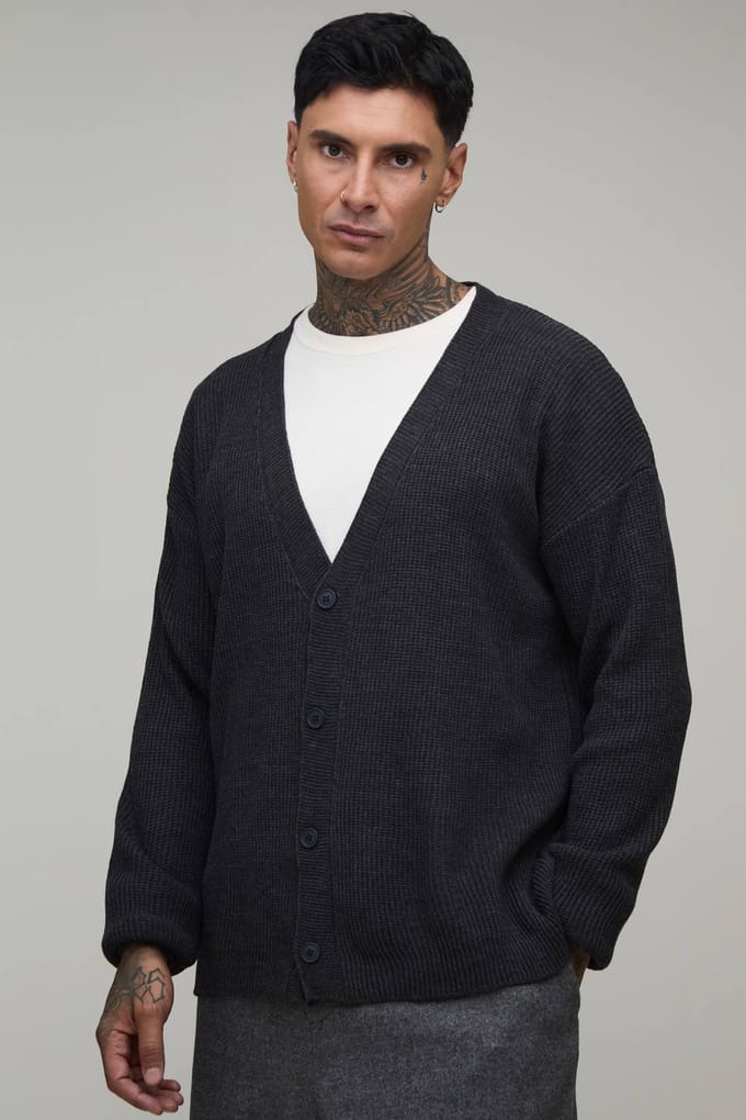 Lang Relaxed Geribbeld Gebreid Vest | Charcoal | Size Large