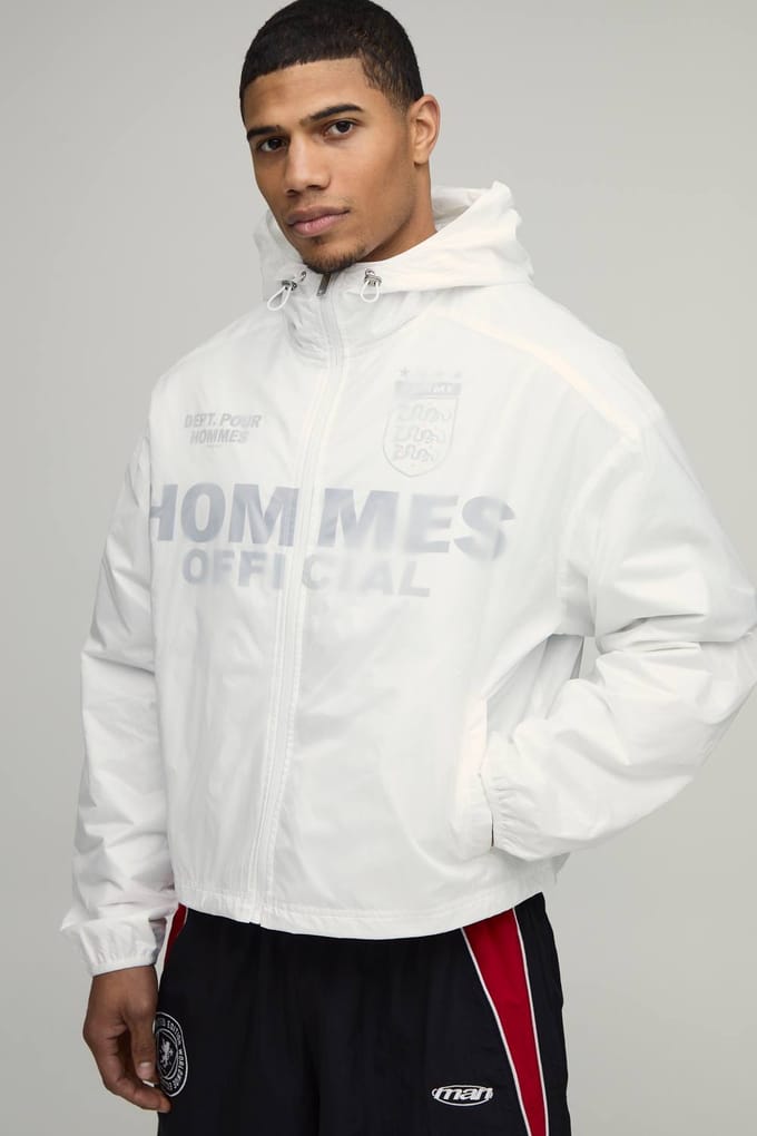 Oversized Boxy Doorschijnende Overlay Grafische Sport Cagoule | White | Size Medium