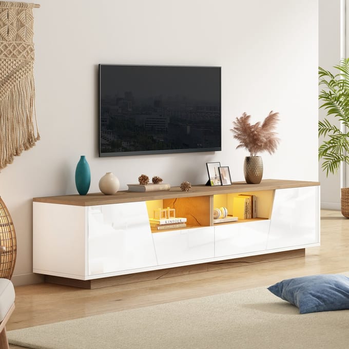 TV-Meubel - 180 x 40 x 46 cm - Hoogglans Lowboard met LED, 2 Laden en 2 Deuren - MDF - Wit/Hout