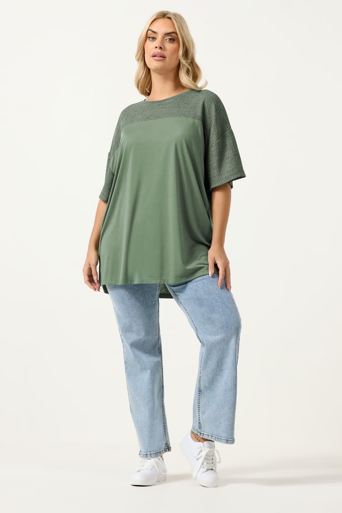 Yours Kakigroen Oversized Tshirt Met Geweven Paneel Size 42
