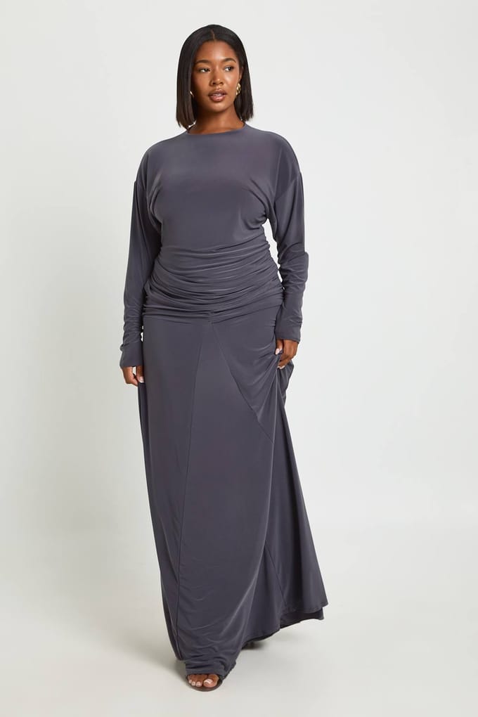 boohoo Dames Plus Maxi Rok Met Gerimpelde Voorkant | Slate Grey | Maat: 20