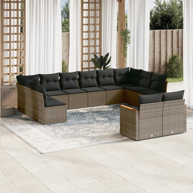 vidaXL - 12-delige - Loungeset - met - kussens - poly - rattan - grijs