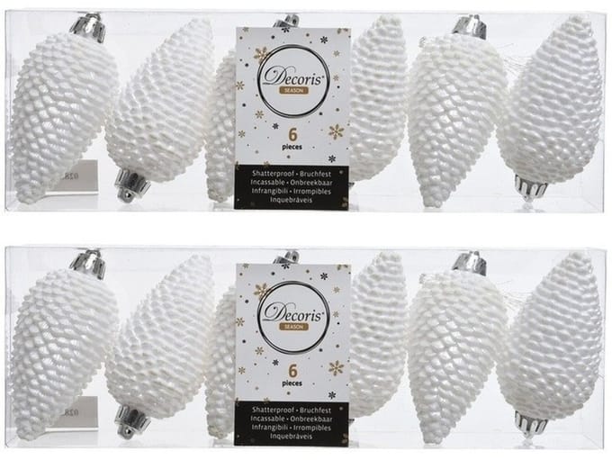 Decoris Kersthangers dennenappels - 12x st - wit - glitter - 8 cm - kunststof - kerstversiering