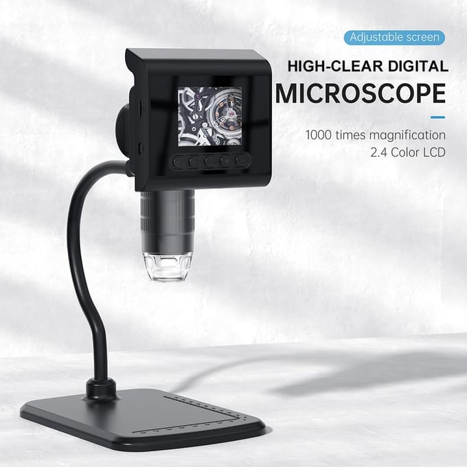1080P zeer heldere digitale microscoop met 2,4-inch LCD-kleurenscherm, 1-1000x continue zoom, zwart