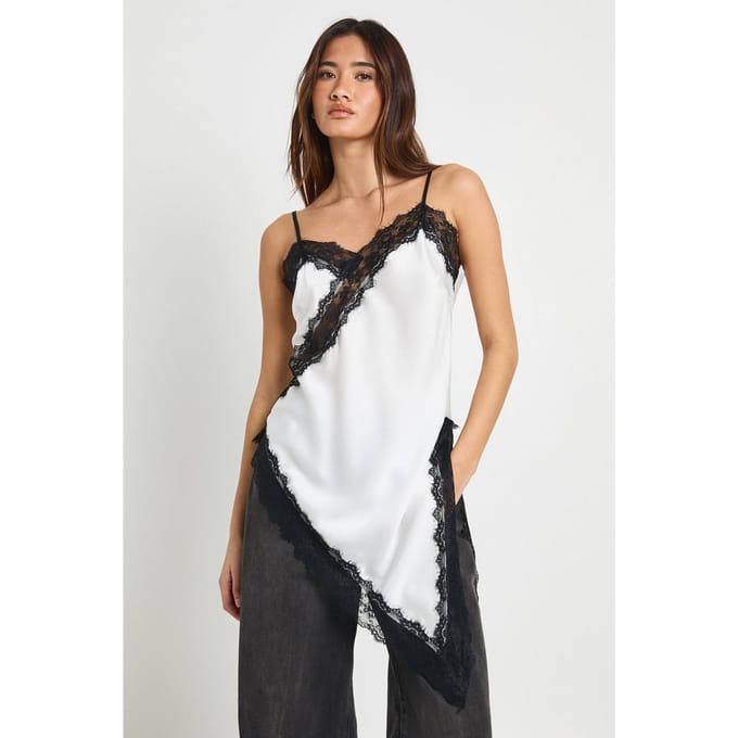 boohoo Dames Satijn Kant Contrast Longline Cami | Ivoor | Maat: 38
