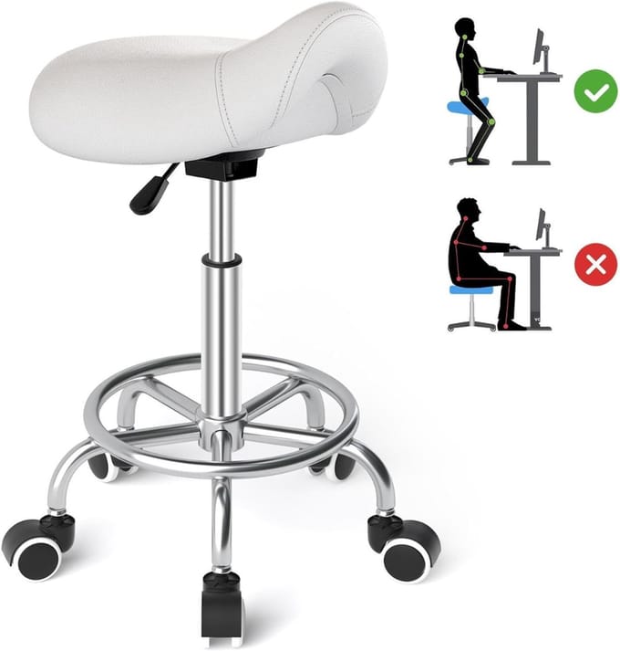 Zadelkruk op Wielen - Kapperskruk Ergonomisch - Tabouret - Wit