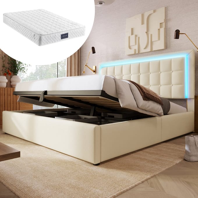 MODFU Gestoffeerd Opbergbed – 140x200 cm – LED & Hydraulisch – Inclusief Matras – Imitatieleer – Wit