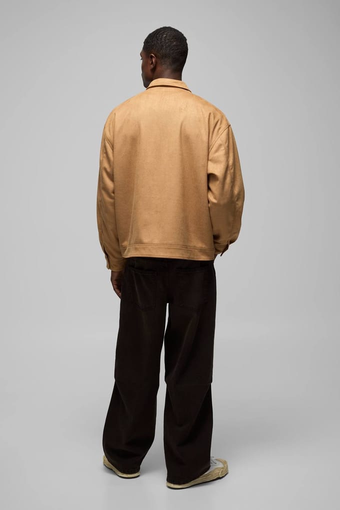 Oversized Croc Faux Suede Collared Carpenter Worker Jacket | Tan | Size Medium