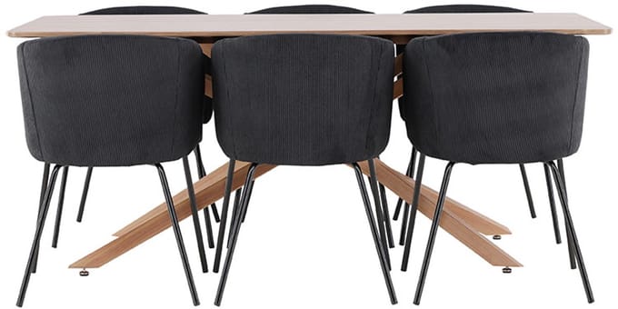Piazza eethoek tafel 90x180cm en 6 fluwelen stoelen met armleuningen mocca.