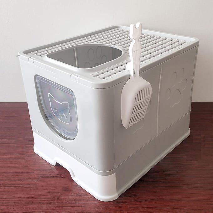 Bac à litière pliable pour chat, extra large, avec couvercle, entrée supérieure, entièrement fermé, gris grise