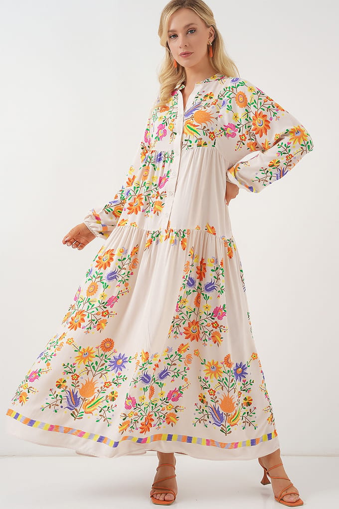Geprinte V-Hals Maxi Jurk