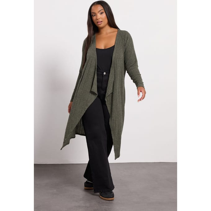 Yours Khaki Groen Geribbeld Midaxi Waterval Cardigan Size 46