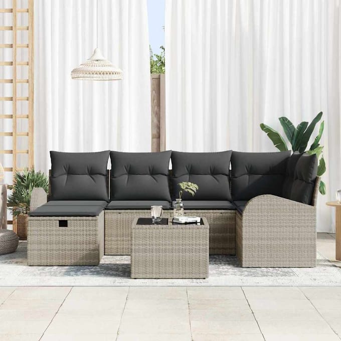vidaXL - Bankstel - 7 - st - Lichtgrijs - poly - rattan