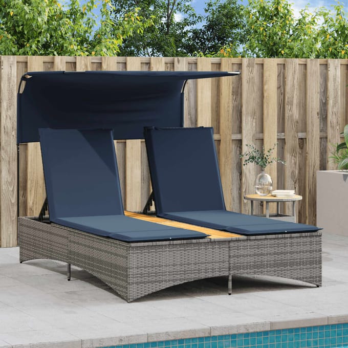 vidaXL - Ligbed - 2-persoons - met - luifel - en - kussens - poly - rattan - grijs