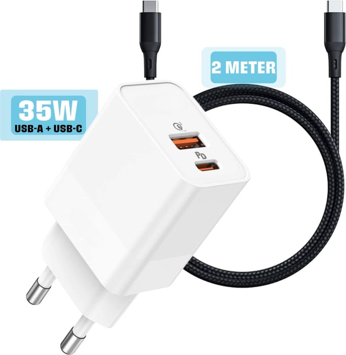 Usb C Adapter Stekker Oplader + usb C naar usb-C Kabel 2 Meter - GaN - 35w Snellader