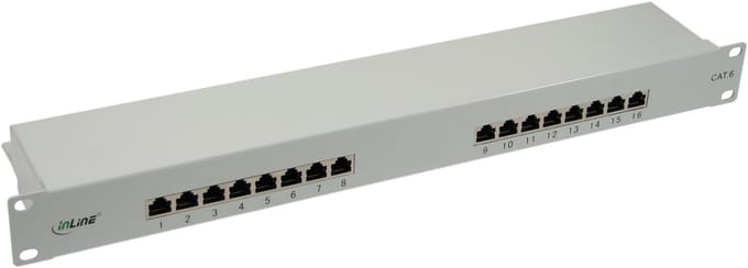 InLine® patchpaneel Cat.6, 16-voudig, 48,26cm (19), 1U, lichtgrijs, RAL7035