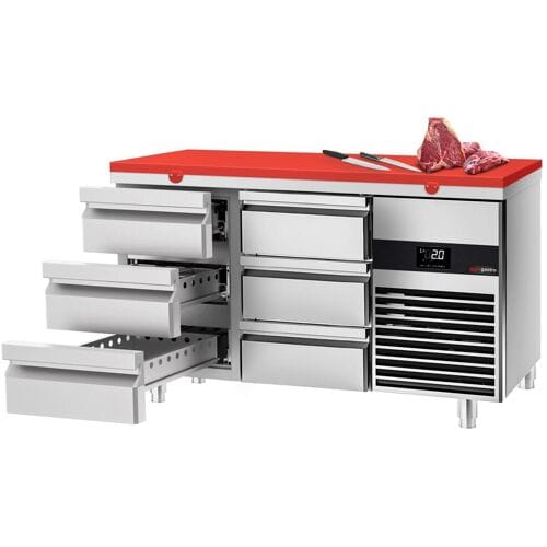 GGM Gastro Kühltisch PREMIUM - 1400x700mm - mit 6 Schubladen - inkl. Schneideplatte Rot